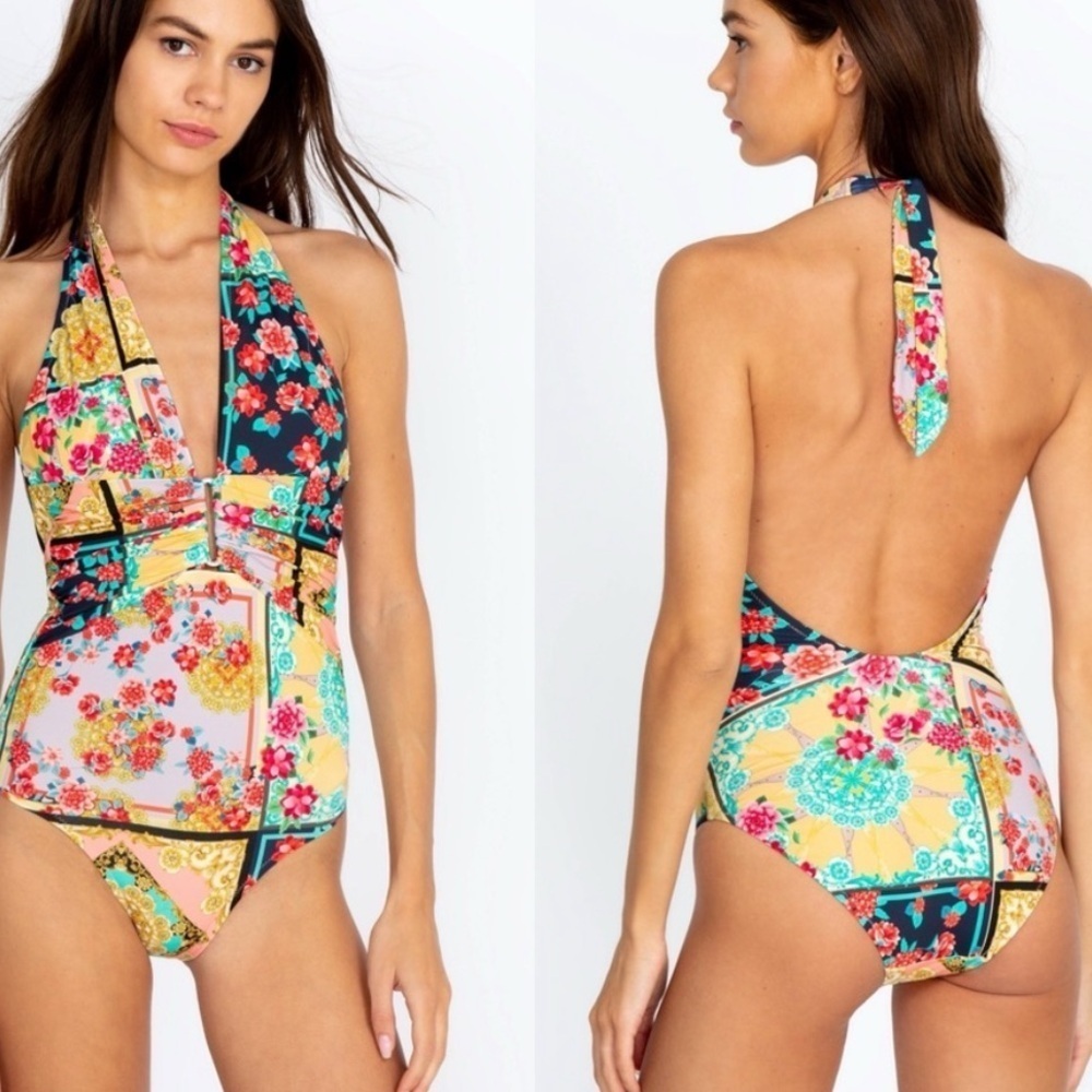 Johnny Was JAPER PLUNGE ONE PIECE Halter Swimsuit Floral Size Small S NWT